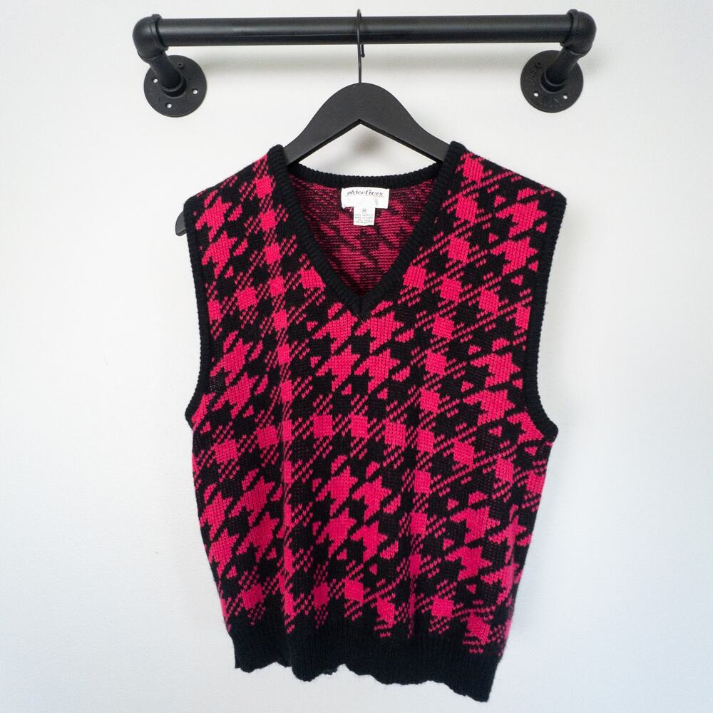 VTG Objectives Pink Black Houndstooth Sweater Vest M 90s Preppy Academia